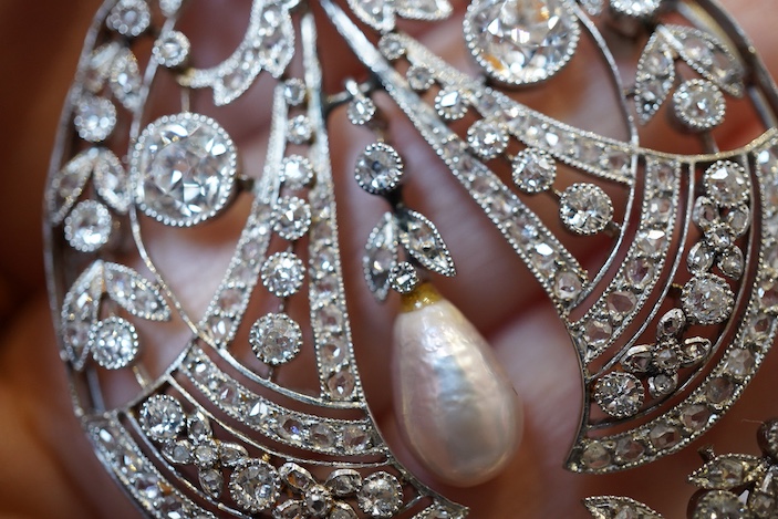 A fine Belle Epoque natural pearl and diamond pendant, circa 1910